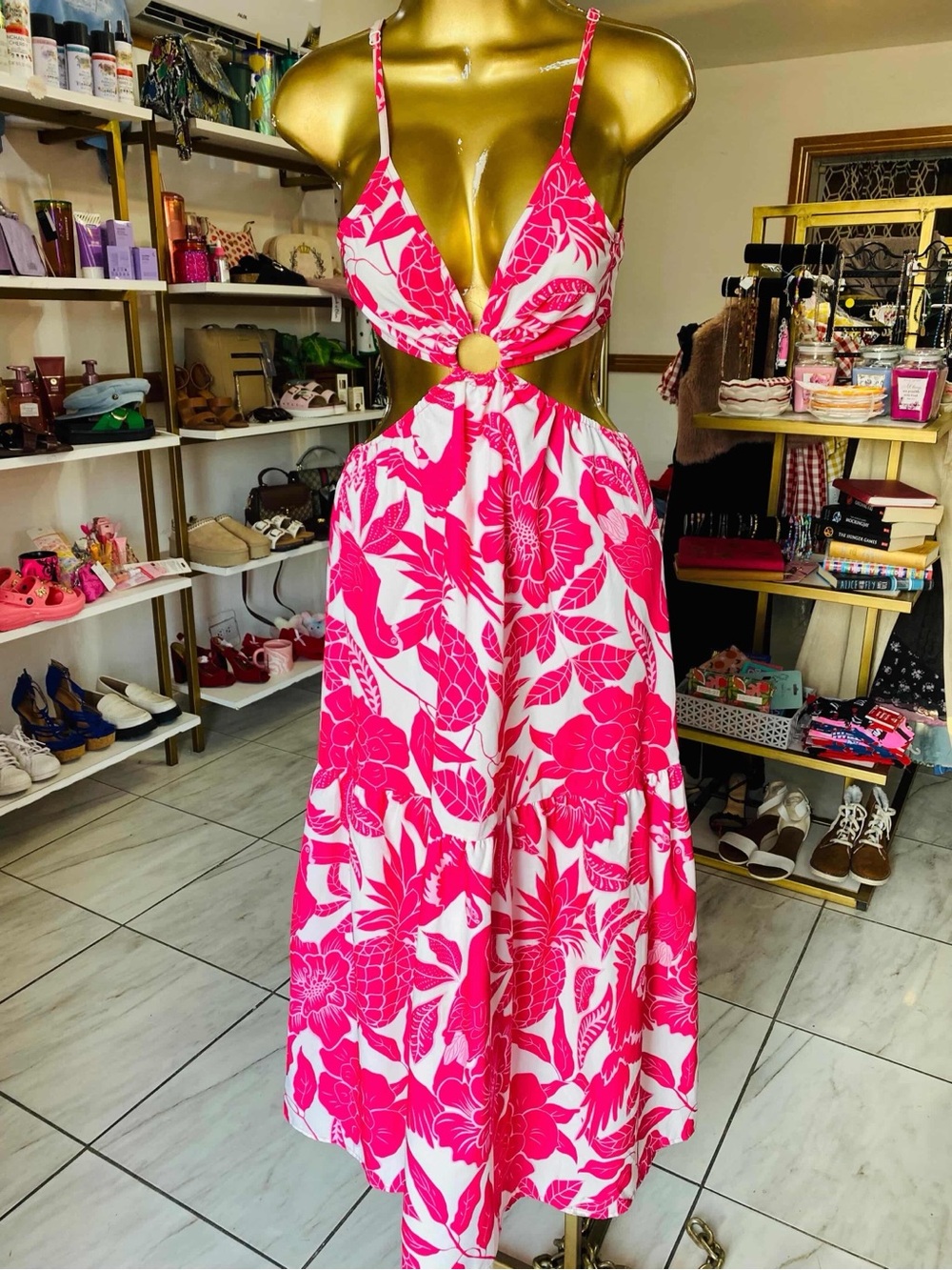 Pink Floral Cutout Midi Dress with Ring Detail